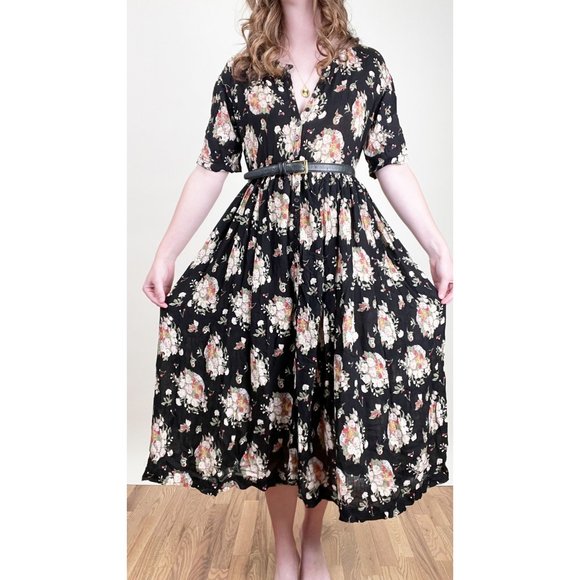 Vintage Flowy Button Up Midi Dress Floral Pleated Cottagecore Preppy Hippie Boho - Picture 4 of 8